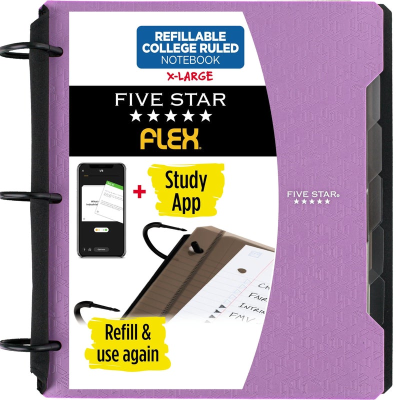 Five Star Flex Refillable Notebook + Study App, College Ruled Paper and 1-1/2 Inch TechLock Ring Binder with Pockets, Tabs and Dividers, 300 Sheet Capacity, Amethyst Purple (29324AB6) - Image 1